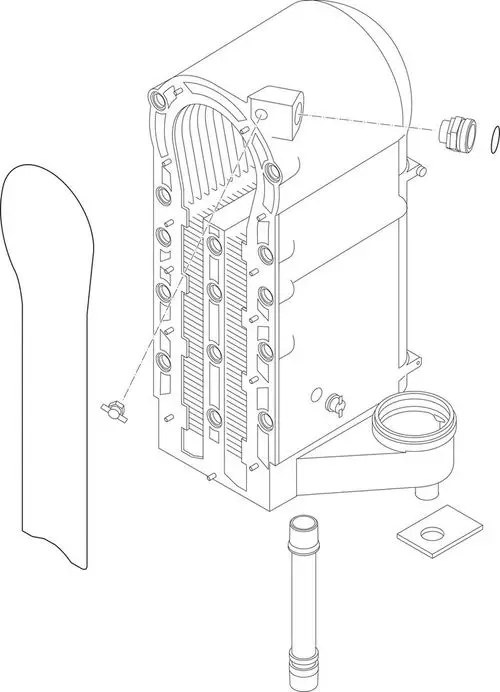 Schematische Darstellung eines Wärmetauschers von Bosch mit einzelnen Komponenten wie Anschlüssen, Dichtungen und Röhren.